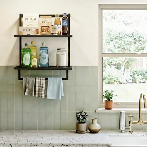 Wall Mounted Towel Rack for Bathroom Black | Bath Storage Holder, 3-Tier 15.7" Wide, Steel Wood Towel Shelf with Bar - color: Black
