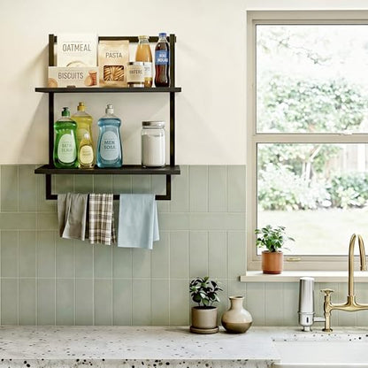 Wall Mounted Towel Rack for Bathroom Black | Bath Storage Holder, 3-Tier 15.7" Wide, Steel Wood Towel Shelf with Bar - color: Black