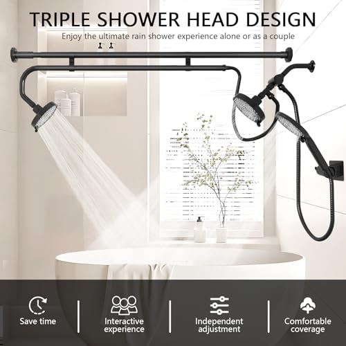 Tandem Shower Head, Dual Shower Heads for Two People & Handheld Head, Triple Shower Head High Pressure System,Adjustable Double Shower Heads - color: Black