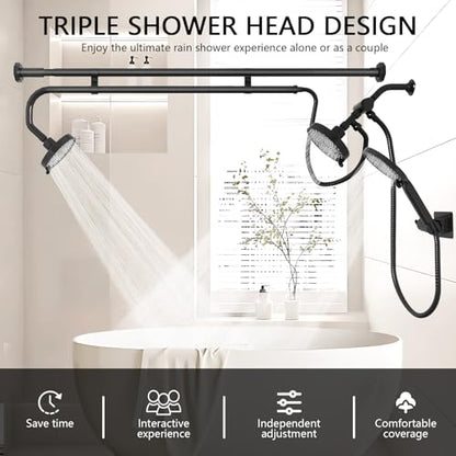 Tandem Shower Head, Dual Shower Heads for Two People & Handheld Head, Triple Shower Head High Pressure System,Adjustable Double Shower Heads - color: Black