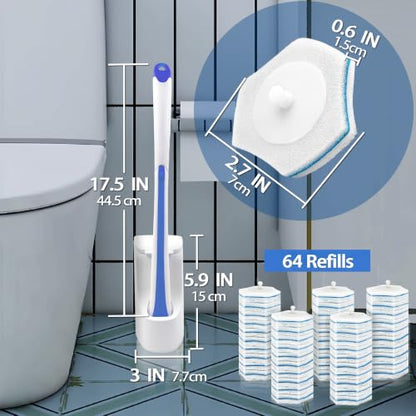 JEHONN Disposable Toilet Brush with 64 Wand Cleaner Refills, Wall Mounted Toilet Bowl Brush Holder Set, Bathroom Cleaning System for Sink Bathtub Wash Basin (Blue)