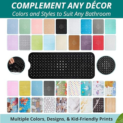 ENKOSI Non-Slip Bath & Shower Mat 40x16 Extra Long, Suction & Drain Holes | Black color; Durable PVC; 40x16 in, Black - color: Black