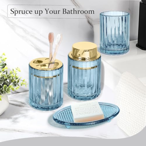 CERBIOR Bathroom Accessories Set, 4 PCS Glass Bathroom Set,Golden Blue | Includes Soap Dispenser, Toothbrush Holder, Toothbrush Cup, Soap Dish for Decorative Countertop and Housewarming Gift - style: Grey Blue
