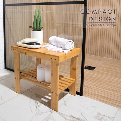 Shower Bench – Waterproof Wooden Spa Seat with Storage Shelf for Bathroom, Sauna & Entryway – Eco-Friendly Bath Stool Available in 3 Sizes - size: 16"