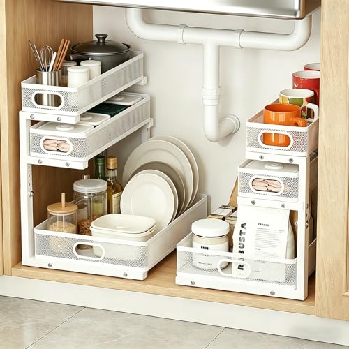 2 Pack Under Sink Organizer, 3-Tier Pull Out Kitchen Cabinet Organizer | 5 Adjustable Heights, Metal Slide Out Bathroom Storage, Makeup Drawer Rack for Bedroom Office Pantry Home Organization, White - color: 3-Tier- White