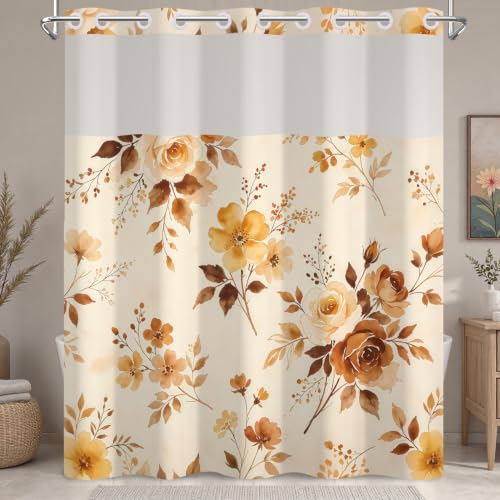 No Hook Vintage Floral Shower Curtain with Snap in Liner, 71x74 | Mesh Top & Double Layer Waterproof Bath Tub Curtain, Rustic Earth Tone Flower Botanical Design for Bathroom Warm Autumn Decor - color: Brown Floral
