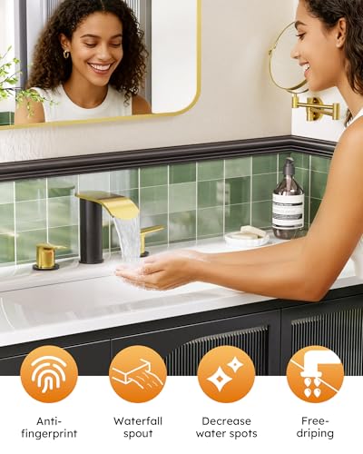 WOWOW Waterfall Bathroom Faucet 3 Holes 8Inch Widespread Bathroom Sink Faucet, Two Handles Lavatory Vanity Sink Faucets with Pop-up Drain & Supply Hoses, Modern Faucet Mixer Taps Black and Gold - color: Black and Gold