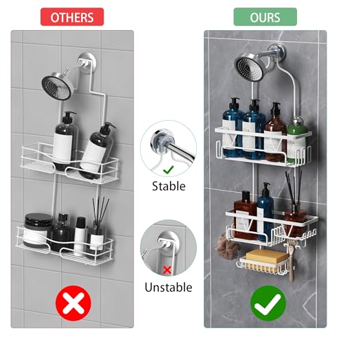 DAOYA Over the Shower Head Caddy, White Shower Caddy Hanging, 3 Tier Anti-Swing Bathroom Organizer with Soap Holder & Hooks - color: White, size: XL