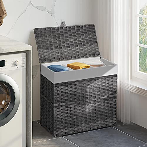 Greenstell Laundry Hamper with Lid, 125L Large Clothes Hamper with 3 Section & 2 Section Removable Liner Bags & 5 Mesh Laundry Bags, Handwoven Synthetic Rattan Divided Laundry Basket, Gray - color: Gray