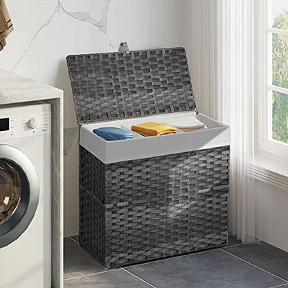 Greenstell Laundry Hamper with Lid, 125L Large Clothes Hamper with 3 Section & 2 Section Removable Liner Bags & 5 Mesh Laundry Bags, Handwoven Synthetic Rattan Divided Laundry Basket, Gray - color: Gray