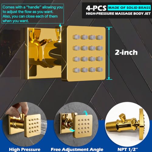 ENGA Bright Gold Dual Rain LED Shower System, 14"x20" Shower Head + 6" Wall Shower, 4 Body Jets with Individual On/Off & Adjustable Water Pressure, Rainfall Shower Faucet Set - color: Bright Gold, style: 14X20" Led Shower - Body Jets