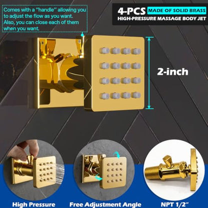 ENGA Bright Gold Dual Rain LED Shower System, 14"x20" Shower Head + 6" Wall Shower, 4 Body Jets with Individual On/Off & Adjustable Water Pressure, Rainfall Shower Faucet Set - color: Bright Gold, style: 14X20" Led Shower - Body Jets