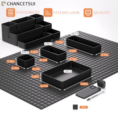 Black Bathroom Drawer Organizer Trays: 9 PC Stackable Desk Organizers Bin | vanity office kitchen modern shallow containers modular storage - color: Black