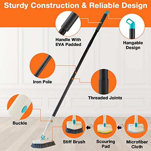 3 in 1 Scrub Cleaning Brush with Long Handle 51'' - Shower Bathtub Tub & Tile Scrubber Brush Include 1 Stiff Brush Head & 3 Scouring Pads & 3 Microfiber Clothes, for Wall Bathroom Glass Bathtub(White) | Tub & Tile Scrubber Brush of 1 Stiff Brush Head & 3