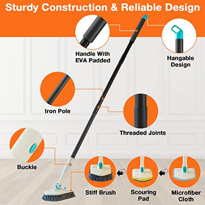 3 in 1 Scrub Cleaning Brush with Long Handle 51'' - Shower Bathtub Tub & Tile Scrubber Brush Include 1 Stiff Brush Head & 3 Scouring Pads & 3 Microfiber Clothes, for Wall Bathroom Glass Bathtub(White) | Tub & Tile Scrubber Brush of 1 Stiff Brush Head & 3