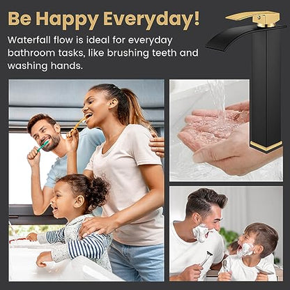 Airuida Vessel Sink Faucet, Black&Gold Tall Waterfall Bathroom Faucet | Single Handle,Tall Bathroom Faucet 1 Hole,Vanity Faucet,without Drain,Bowl Bathroom Faucet - color: Matte Black&Brushed Gold