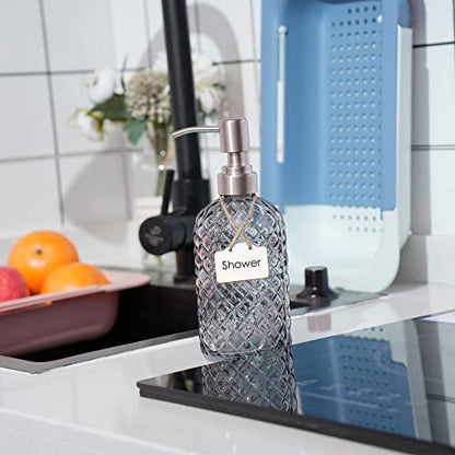 16 oz Diamond Pattern Glass Soap Dispenser, Kitchen and Bathroom Refillable Soap Dispenser with Rust Resistant Stainless Steel Pump for Hand Soap, Lotion Glass Liquid Dispenser (Grey) - color: Gray