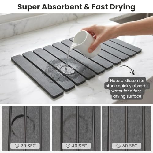 Stone Dish Drying Mat for Kitchen Counter, Large Quick Dry Diatomaceous Earth Stone Drying Mat, Foldable Water Absorbent Dish Drying Mat for Dishes, Cups, Bottles, Kitchen Sink & Countertop (Grey) - color: Gray