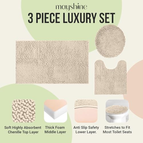 Standard 3pc Set Chenille Bath Mats, Includes 21"x24" U-Shaped Contour Toilet Rug, 21"x34" Inches Bathmat and 1 Toilet Lid Cover, Plush Absorbent Bath Mats Quick Dry, Beige - color: Beige, size: 24"x21", 34"x21" and TLC (Set)
