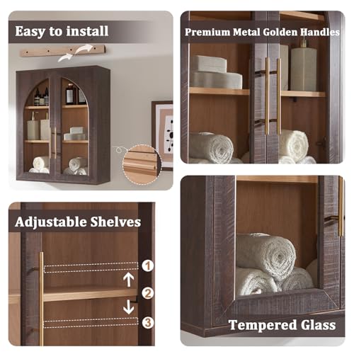 Bathroom Wall Cabinet, 23.5×31.4'' Storage Cabinet, Arched Cabinet Wall Mount with Adjustable Shelf & Glass Doors, Medicine Cabinet for Laundry Room, Bathroom, Kitchen, Living Room, Brown/Natural oak - color: Brown/Natural