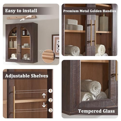 Bathroom Wall Cabinet, 23.5×31.4'' Storage Cabinet, Arched Cabinet Wall Mount with Adjustable Shelf & Glass Doors, Medicine Cabinet for Laundry Room, Bathroom, Kitchen, Living Room, Brown/Natural oak - color: Brown/Natural