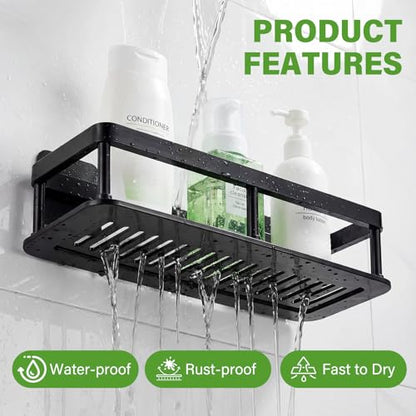 Corner Shower Caddy, 2 Pack No Drill Adhesive Shower Storage Shelves, Wall Mounted Bathroom Organizer Shelf with 2 Removable Hooks for Bathroom Kitchen