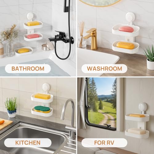 Soap Holder, Soap Dish for Shower, Suction Cup Bar Soap Holder | 2 Layer Soap Bar Holder for Shower, Wall Mounted Self Draining, NO Drill Sponge Holder for Bathroom, Bathtub Kitchen Sink - style: 2 tiers White