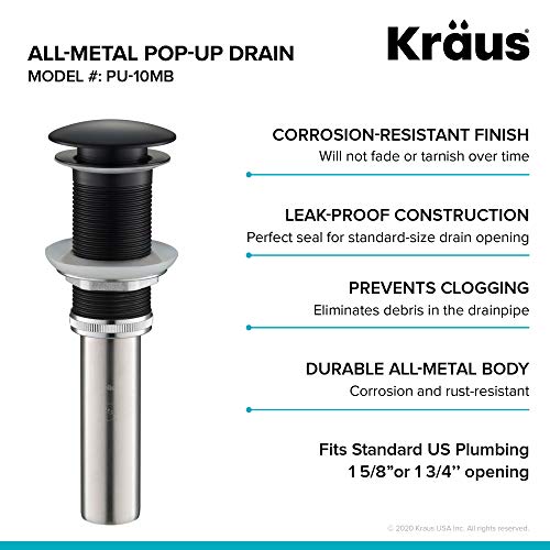 KRAUS Pop-Up Drain in Matte Black, PU-10MB - color: Matte Black, size: 8 5/8 Inch