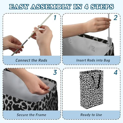 Leopard Black White Laundry Hamper Dirty Clothes Laundry Basket Bin for Bedroom Bathroom with Handles Slim Tall Collapsible Waterproof Freestanding 48L - color: Leopard Black white