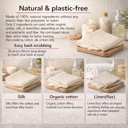 Exfoliating Washcloth [Made in Japan] Shower Back Scrubber, Plant-Based Loofah (3pcs Set) - color: 3pcs Set (3pcs Set ( Cotton, Linen and Silk )