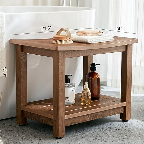 Heavy Duty HDPS Shower Bench Seat Waterproof Shower Stool with Storage | Bath Chair Seat with Adjustable Feet, Anti-Rotting, No-Slip, Space-Save, No Maintenance, 700LBS Load Capacity, Brown - color: Brown, size: L (21.3*14*17.3'')
