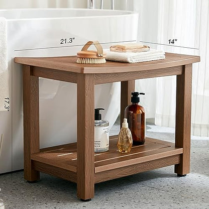 Heavy Duty HDPS Shower Bench Seat Waterproof Shower Stool with Storage | Bath Chair Seat with Adjustable Feet, Anti-Rotting, No-Slip, Space-Save, No Maintenance, 700LBS Load Capacity, Brown - color: Brown, size: L (21.3*14*17.3'')