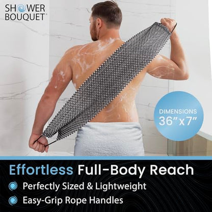 SHOWER BOUQUET Japanese-Exfoliating-Washcloth 2-Pack Charcoal & Silver Ion | Exfoliating Towel with Handles | Two-Sided Gentle Exfoliation & Deep Cleansing | Back & Body Wash Cloths for Shower | 2 White - color: 2 Charcoal White, size: 1 Count (Pack of 2)