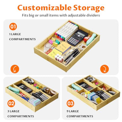 Bamboo Drawer Organizer with 9 Adjustable Compartments, Desk Storage Tray | Natural Bamboo, Flexible Modular Trays, Water-Resistant, Adjustable, Excellent Organization, Easy to Clean, Non-Slip Design - size: 9 Compartments