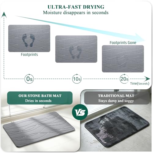 Stone Bath Mat - 23.6" x 15.4" Diatomaceous Earth Bath Mat, Non-Slip High-Absorbency Diatomite, Quick Dry Stone Mat Bathroom, Natural Bathroom Floor Mat & Shower Mat, Gray