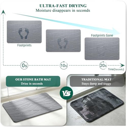 Stone Bath Mat - 23.6" x 15.4" Diatomaceous Earth Bath Mat, Non-Slip High-Absorbency Diatomite, Quick Dry Stone Mat Bathroom, Natural Bathroom Floor Mat & Shower Mat, Gray
