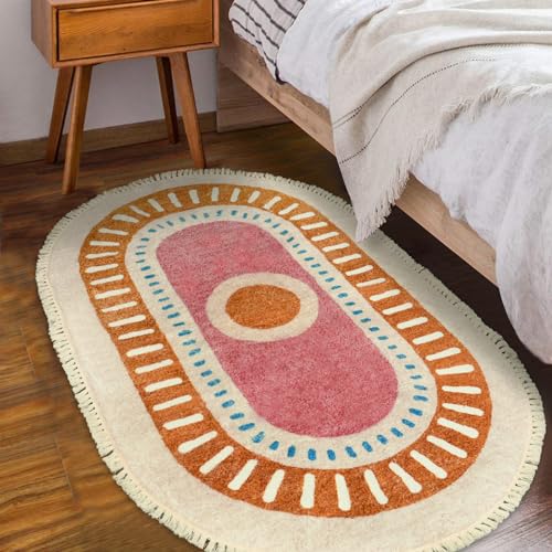 Lukinbox Boho Area Rugs for Living Room, 3x5 Oval Sun Machine Washable Bedroom Rug, Super Soft Non-Slip Orange Circular Rainbow Throw Rug for Entryway Kids Room Playroom Nursery Room Dinning Room - size: 2'11" x 4'11" (Oval)