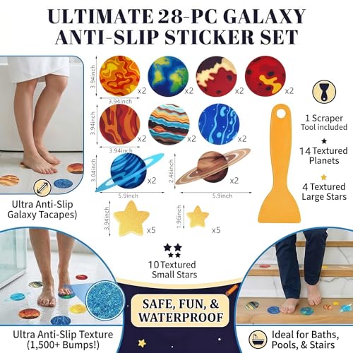 28-Piece Planet-Themed Non-Slip Bath Stickers, Custom-Designed for Family Bathrooms, Suitable for Bathtubs and Bathroom Floors (Includes Scraper) - color: Planet