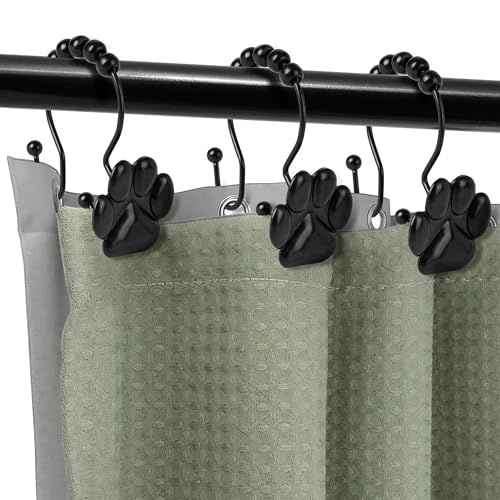 Sunlit Fashion Design Cute Paw Print Polished Double Shower Curtain Hooks for Dog Cat and Bear, Rust Proof Oil Metal Shower Curtain Rings, Black-12 Pack - color: Black With Double Hooks
