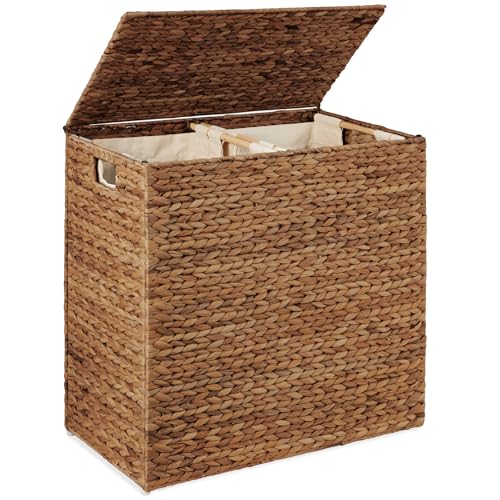Best Choice Products Large Double Laundry Hamper with Lid, Natural Handwoven Water Hyacinth, 2 Sections w/ 2 Machine Washable Linen Liner Bags, Portable, Handles - Chestnut - color: Chestnut