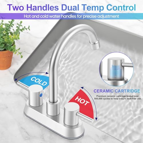 Bathroom Faucet for 3 Hole Brushed Nickel, Herogo 4 Inch 2-Handle Bathroom Sink Faucet with Pop-Up Drain and Supply Hoses, 18/10 Stainless Steel Faucets for RV Vanity - color: Brushed Nickel, style: Round Handles