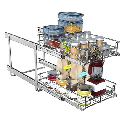 2-Tier Cabinet Pull Out Shelves, 14" W x 22" D, Chrome | Heavy-Gauge Wire Kitchen Cabinet Organizer, 100 lbs Capacity, Ball-Bearing Glides, Min 15" Opening, For Tupperware & Bowls - size: 14 x 22 Inch