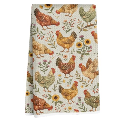 Farmhouse Chicken Rooster Kitchen Towels, Chicken Gifts Reusable Dish Towel | Rooster Decor Waffle Weave Absorbent Hand Tea Towels for Bathroom Kitchen Decor, Cock Mom Lady Gifts, 14x24 Inch - color: Sunflower Chicken
