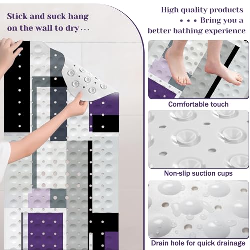 Purple Black Bath Tub Mat Non Slip, Modern Geometric Large Washable Shower Mats with Drain Holes and Suction Cups,40 X 16 Inch - color: Purple Black