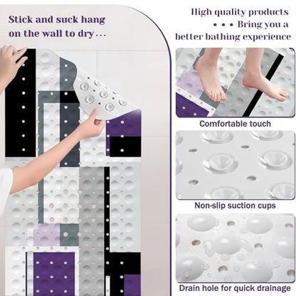 Purple Black Bath Tub Mat Non Slip, Modern Geometric Large Washable Shower Mats with Drain Holes and Suction Cups,40 X 16 Inch - color: Purple Black