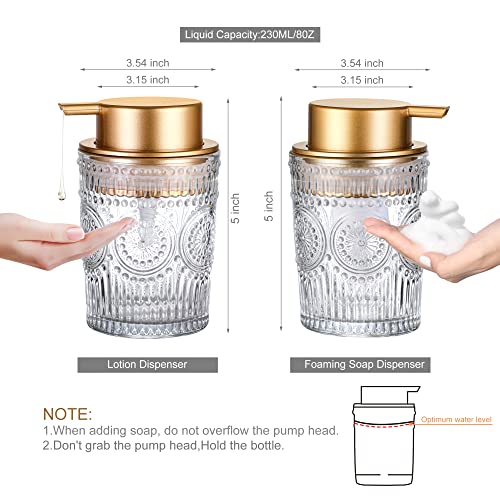 8 Oz Glass Dish Soap Dispenser, Hand Liquid Bottle with Gold Pump | Clear refillable bottle for hand soap, dish soap, lotion. Round design fits kitchen sink & bathroom counter - color: Liquid Dispenser