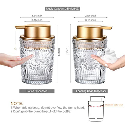 8 Oz Glass Dish Soap Dispenser, Hand Liquid Bottle with Gold Pump | Clear refillable bottle for hand soap, dish soap, lotion. Round design fits kitchen sink & bathroom counter - color: Liquid Dispenser