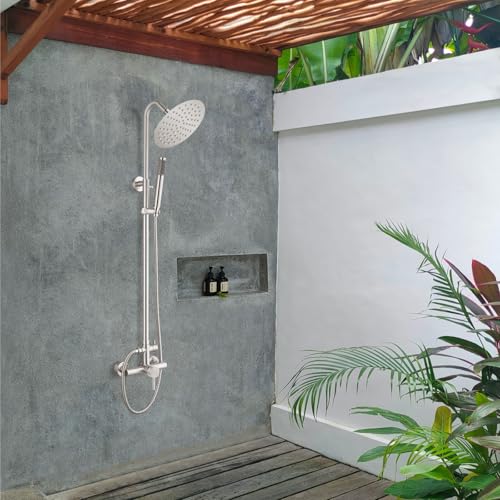 gotonovo 304 Stainless Steel Outdoor Shower Fixtures Exposed,Brushed Nickel | 8 Inch Rain Showerhead with Handheld Sprayer Outdoor Outside Shower Kit System Faucet Head Valve Wall Mount for Pool Backyard - color: Nickel