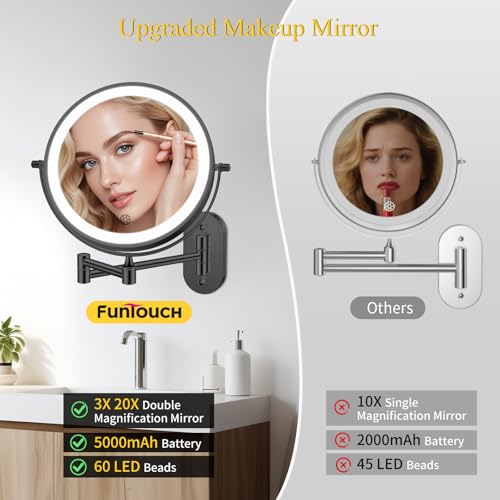 FUNTOUCH 5000mAh Rechargeable Wall Mounted Makeup Mirror with Lights 3X/20X | Double Sided Magnifying,3 Color Lights,Touch Dimmable, Extended Arm 360 Rotation Lighted Bathroom Mirror with Magnification - color: Metal Black