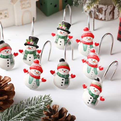 Colingmill 12 Pcs Christmas Snowman Shower Curtain Hooks Xmas Snowman Shower Curtain Hooks Holiday Bathroom Rust Resistant Decor Rings for Winter Bathroom Bedroom Farmhouse Decorations - style: Snowman